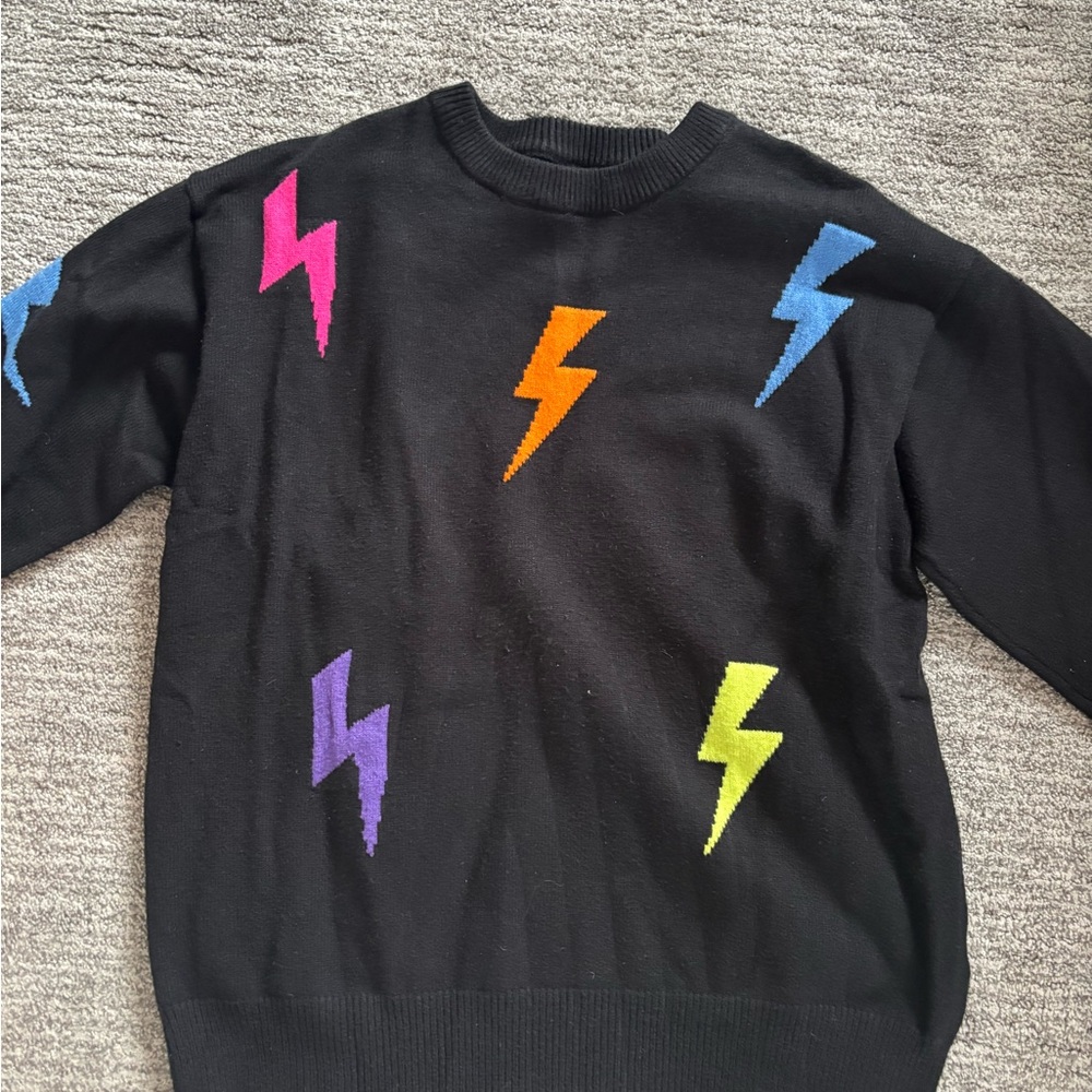 She + Sky Black Crewneck Sweater with Neon Lightning Bolts